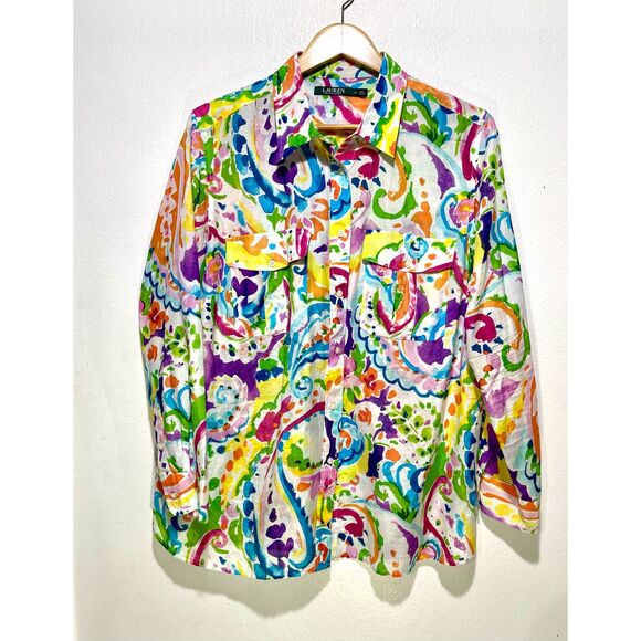 Ralph Lauren Tops - Lauren ralph Lauren cotton silk button up shirt colorful art to wear women 1X